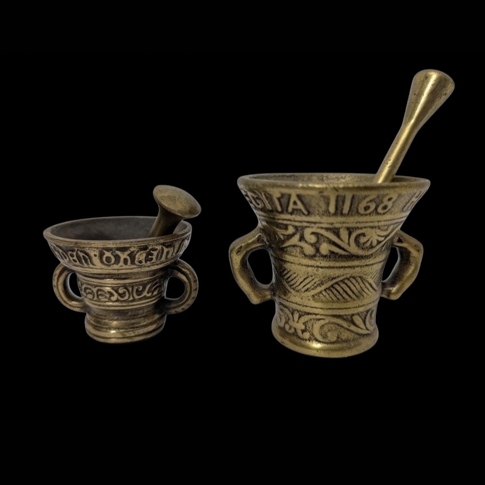 Vintage Brass Mortar & Pestle Set Lot of 2 – Ornate Engraved Brass Apothecary